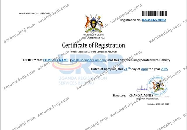 Uganda company registration certificate Word and PDF template